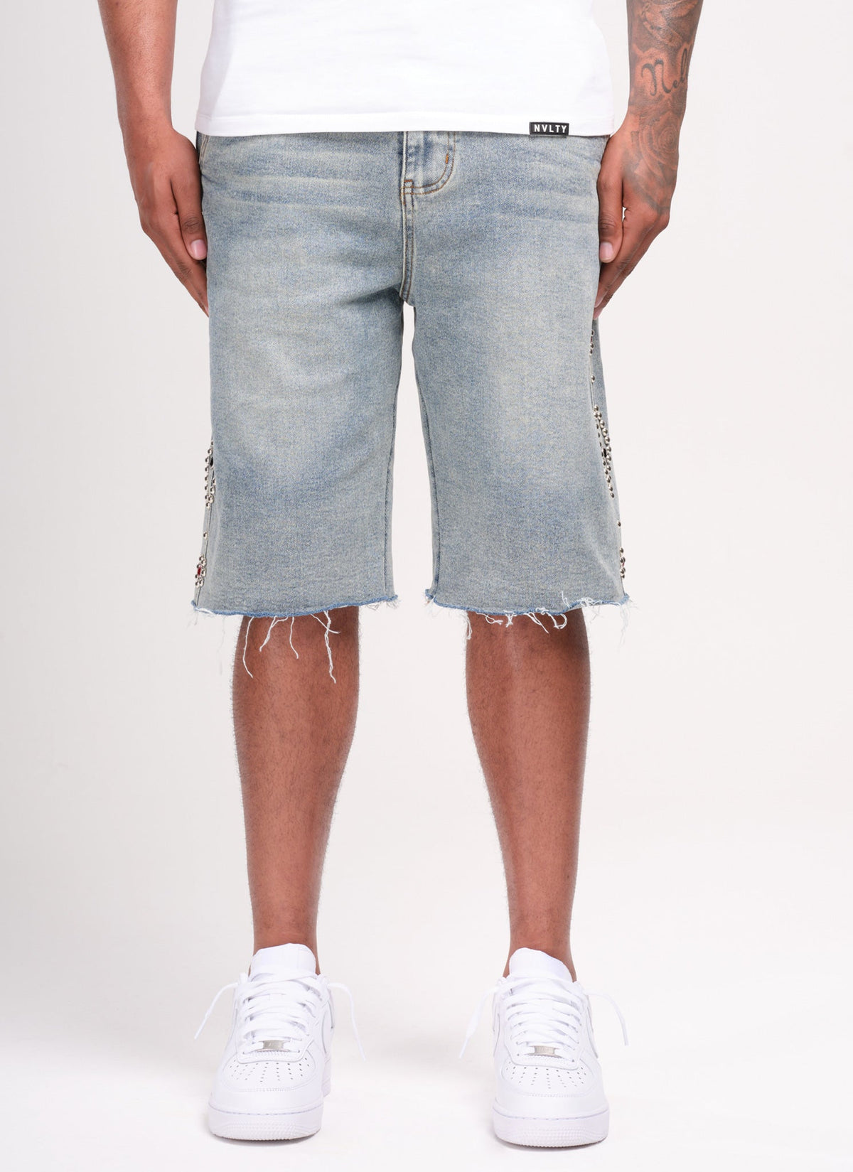 Short en jean vintage clouté - Bleu