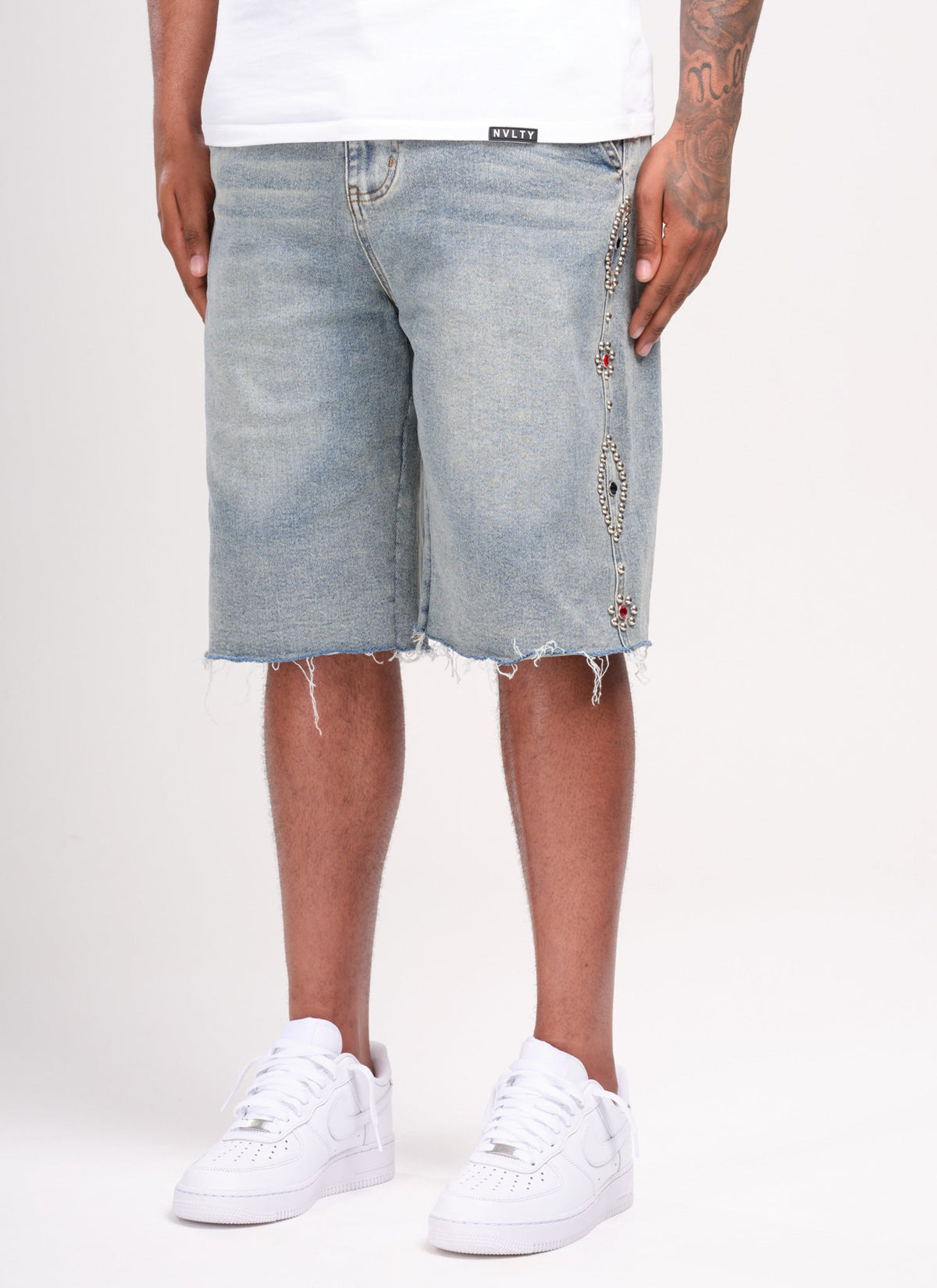 Short en jean vintage clouté - Bleu