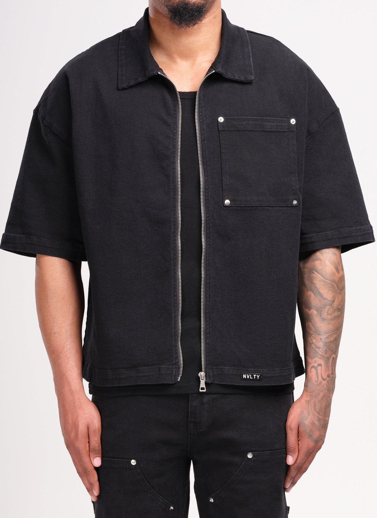 Chemise en jean vintage à rivets - Noir