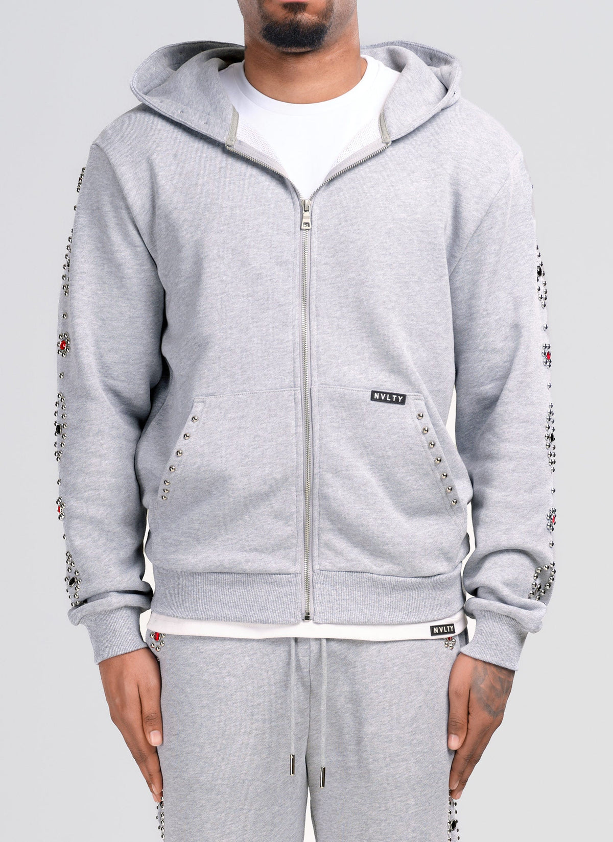 Vintage Studded Zip Hoodie - Grey