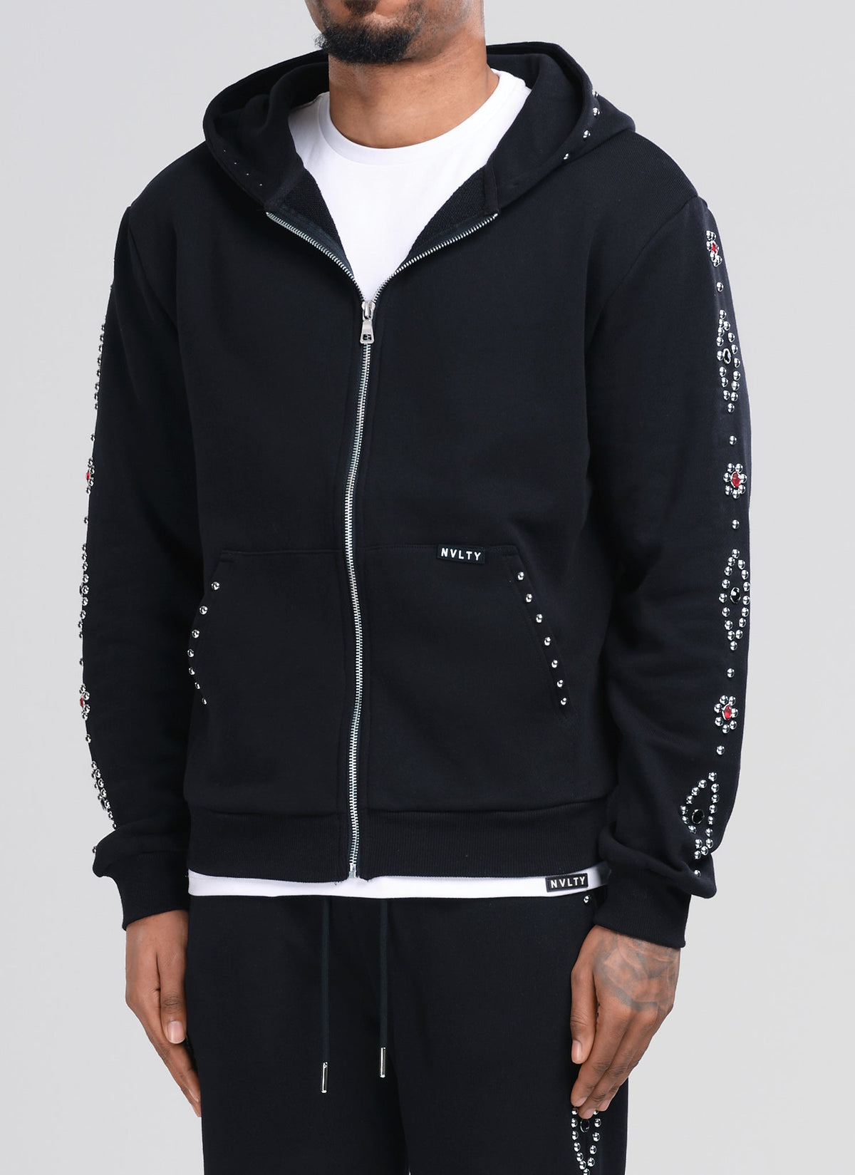Vintage Studded Zip Hoodie - Black