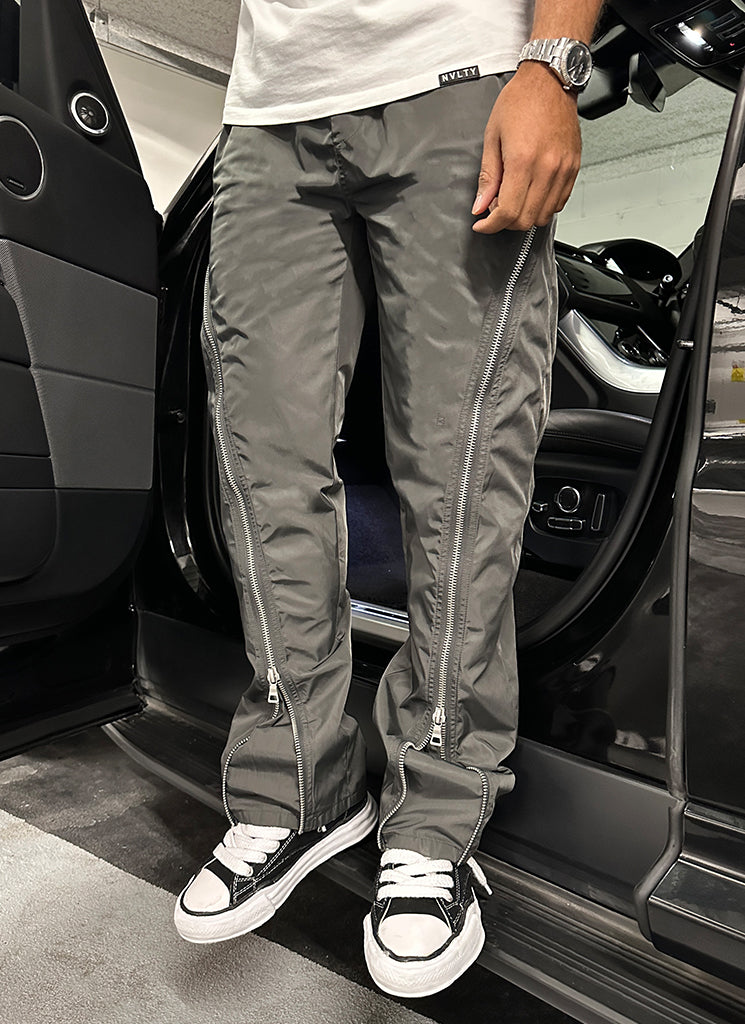 Pantalon évasé en nylon à fermeture éclair - Gris