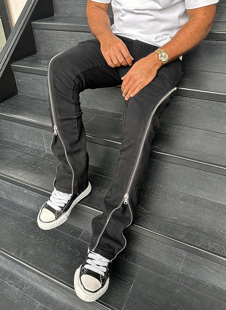 Vintage Flare Zipper Jeans - Schwarz