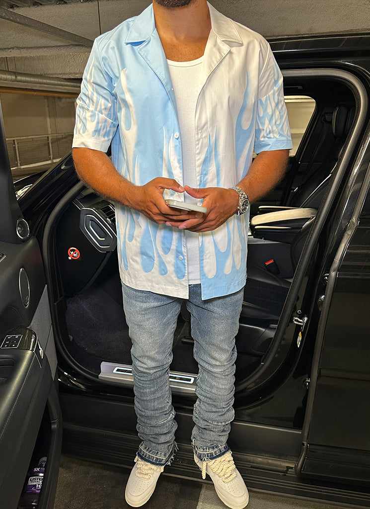 Flame Open Collar Shirt - Weiß/Blau
