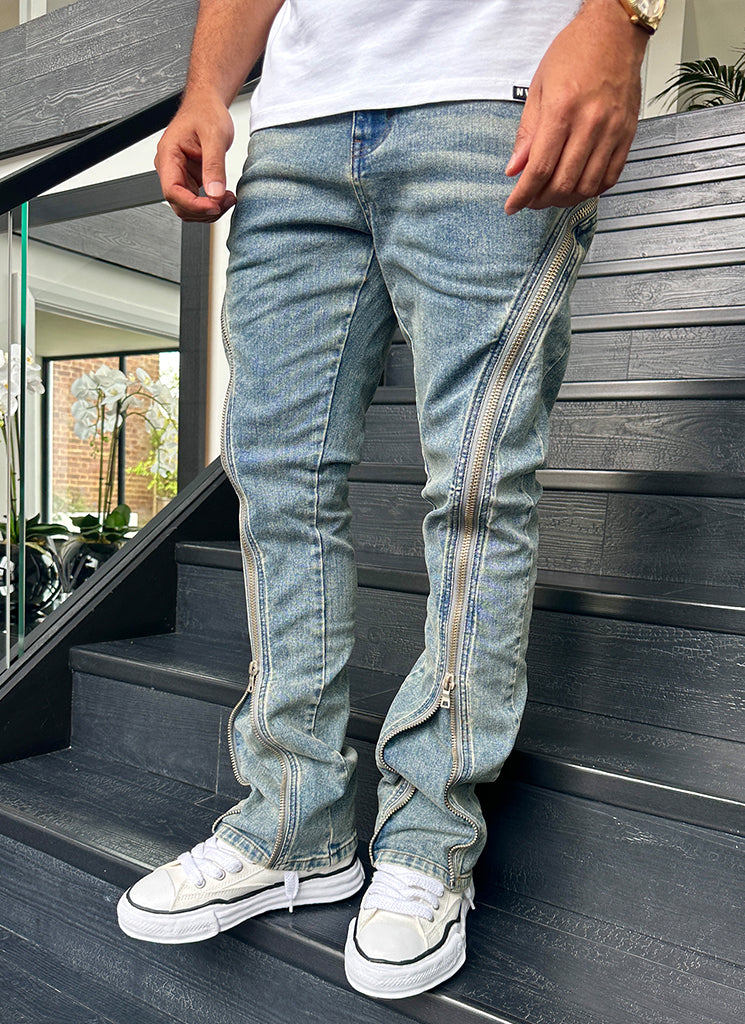 Jean évasé vintage à fermeture éclair - Bleu