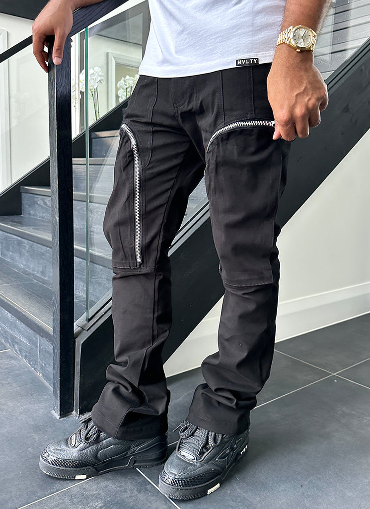 Pantalon cargo vintage évasé à fermeture éclair - Noir