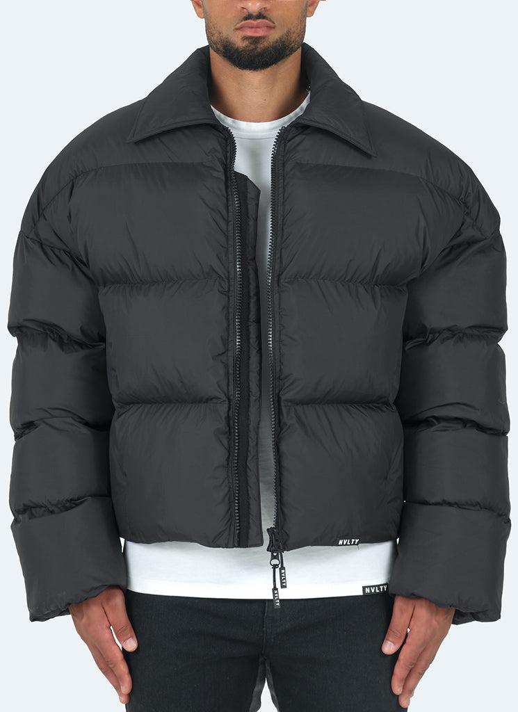 Vintage Zipper Collar Puffer Jacket - Black