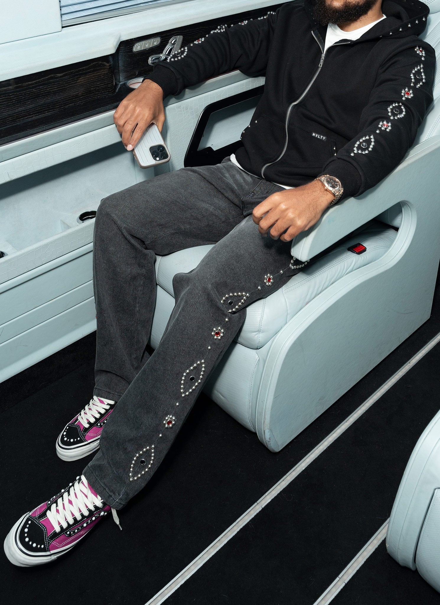 Vintage Studded Zip Hoodie - Black