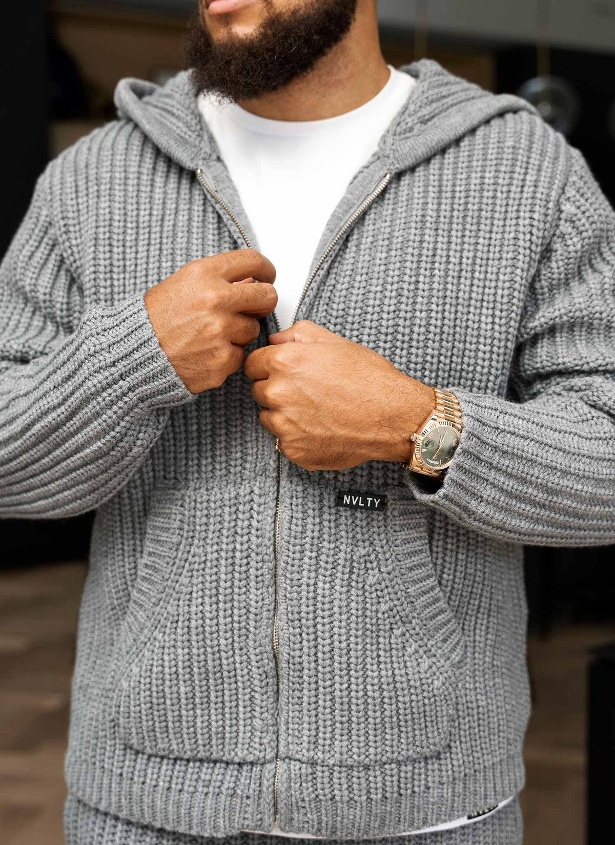 Heavyweight Knitted Zip Hoodie - Grey