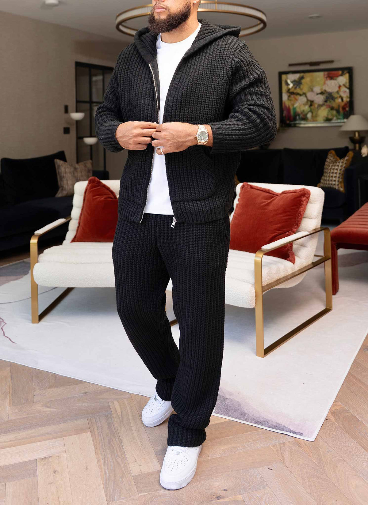 Heavyweight Knitted Zip Hoodie - Black