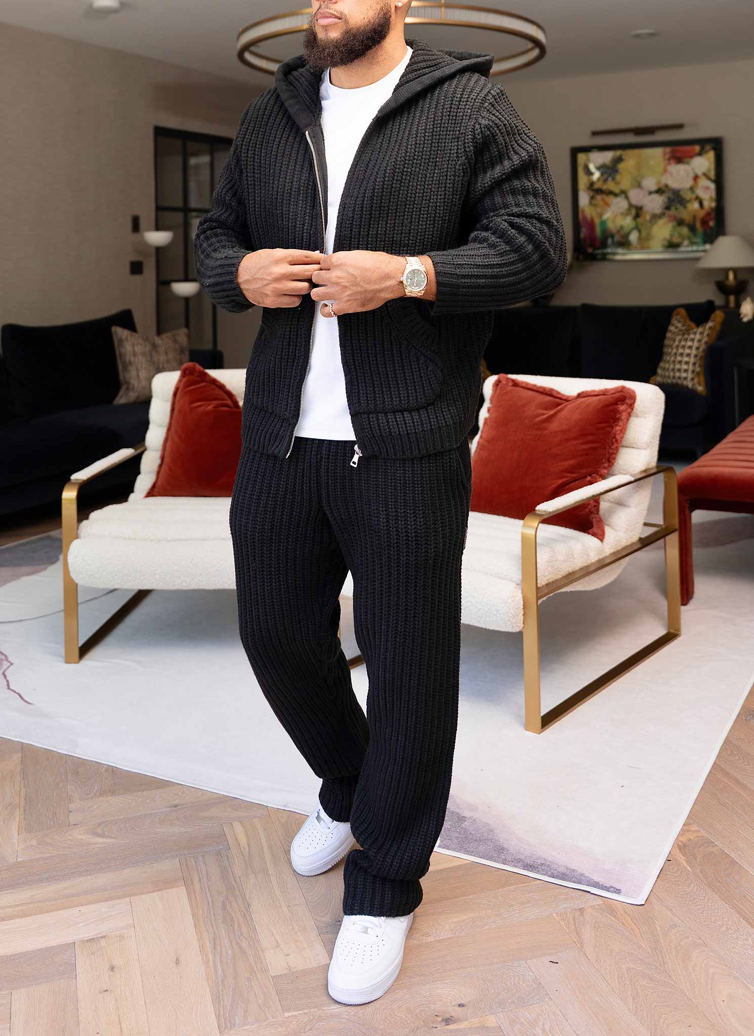 Heavyweight Knitted Zip Hoodie - Black