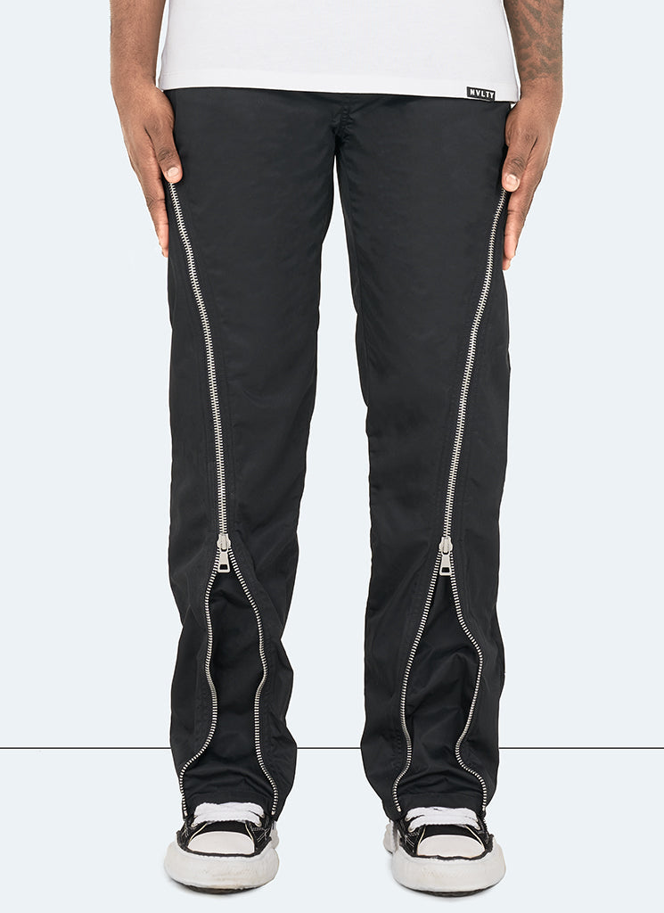 Pantalon évasé en nylon avec fermeture éclair - Noir