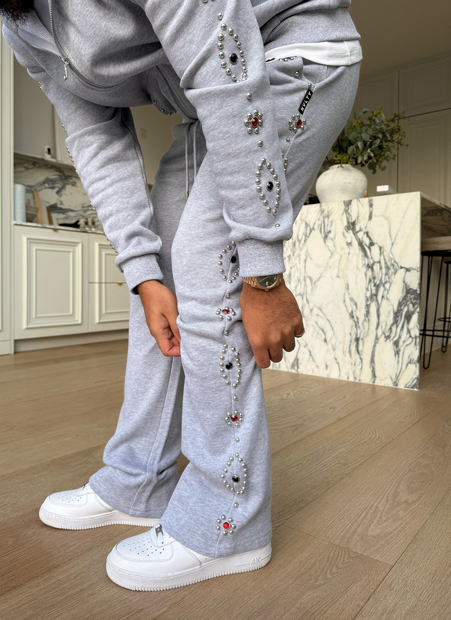 Vintage Studded Flare Joggers - Grey