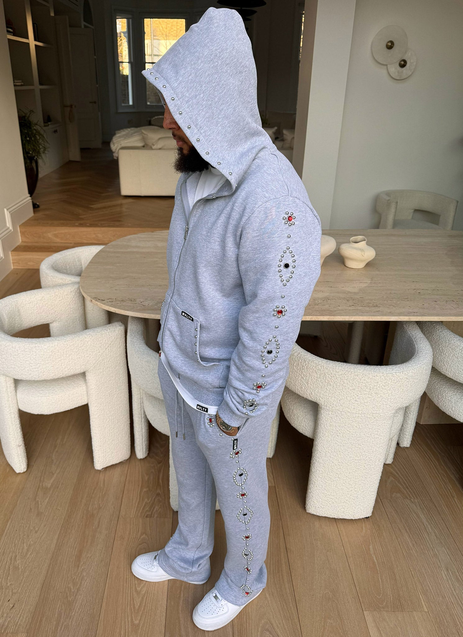 Vintage Studded Zip Hoodie - Grey