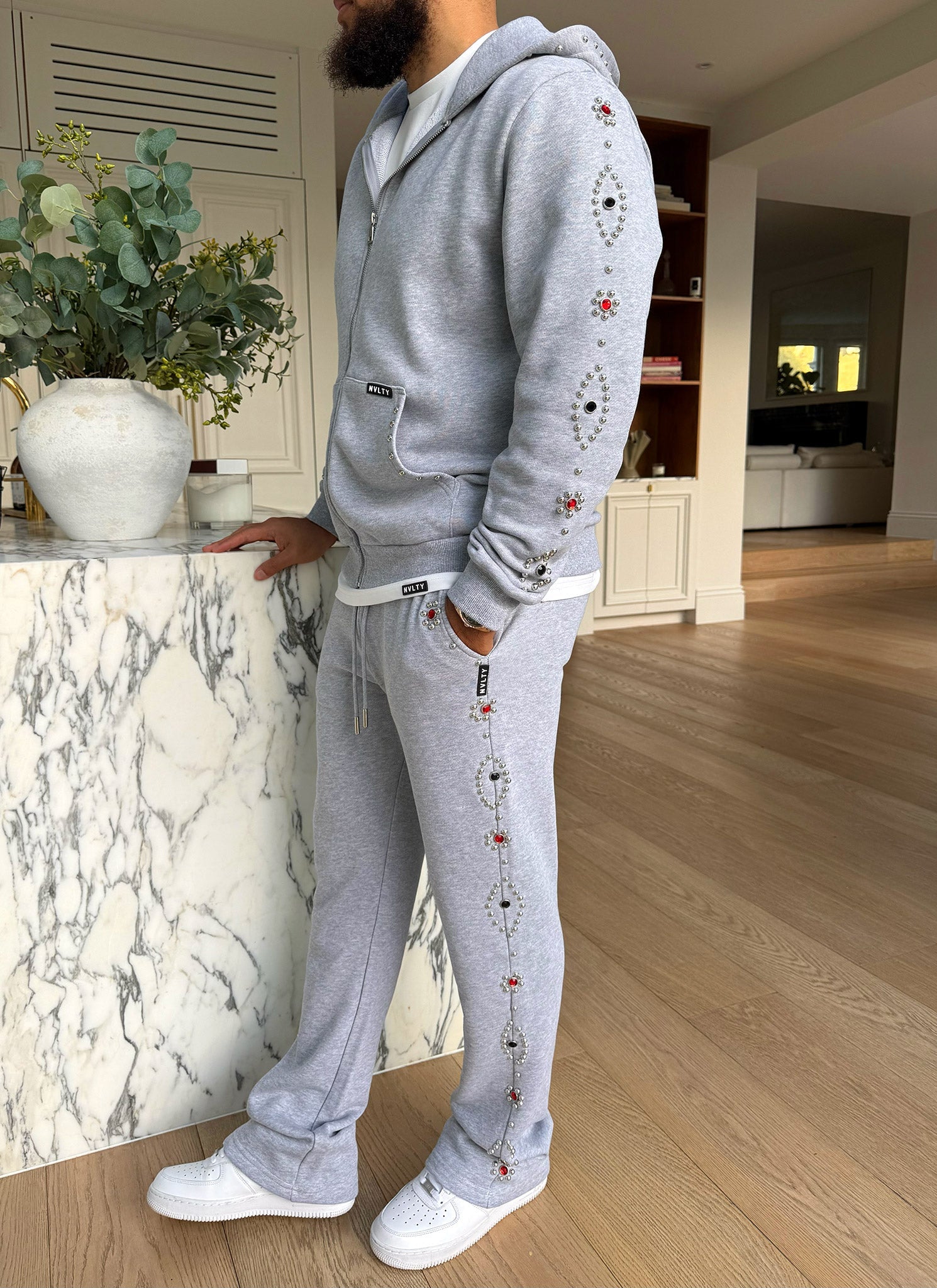 Vintage Studded Flare Joggers - Grey