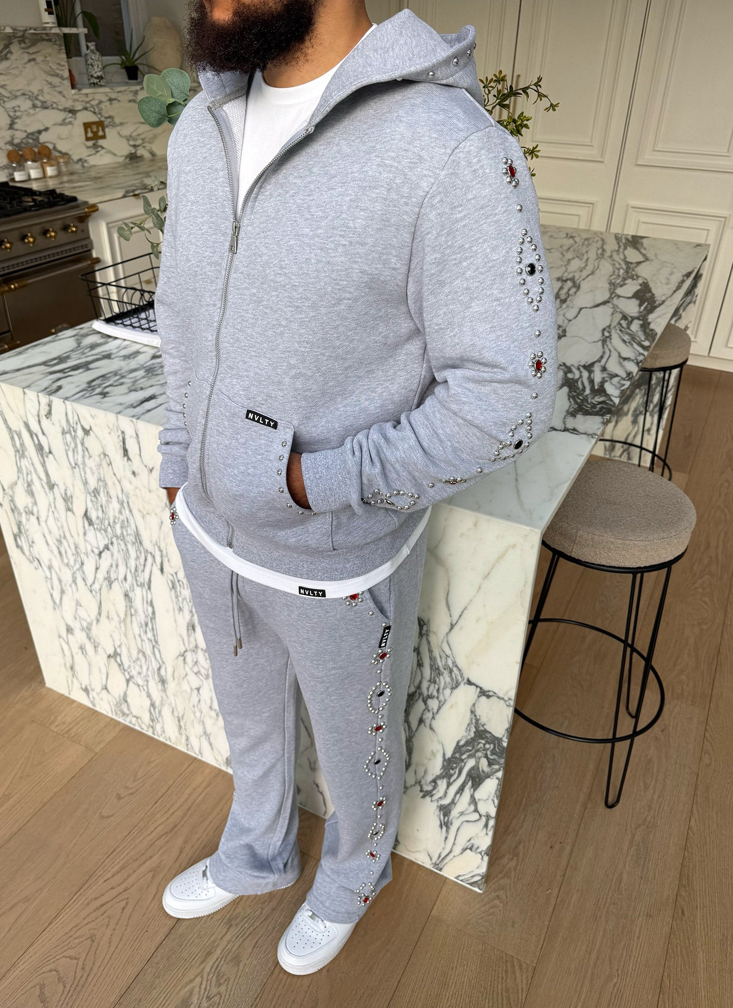 Vintage Studded Zip Hoodie - Grey