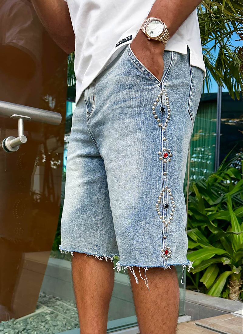 Short en jean vintage clouté - Bleu