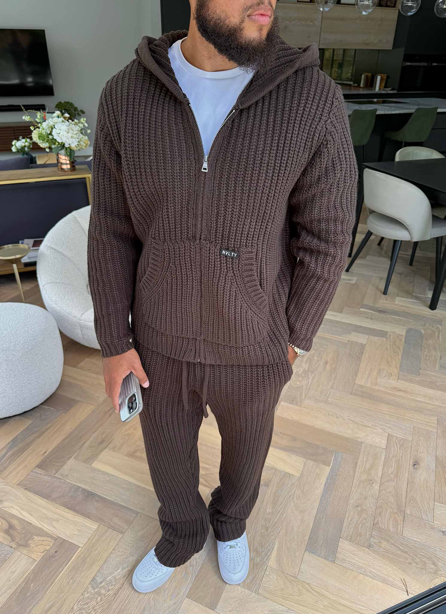 Heavyweight Knitted Zip Hoodie - Brown