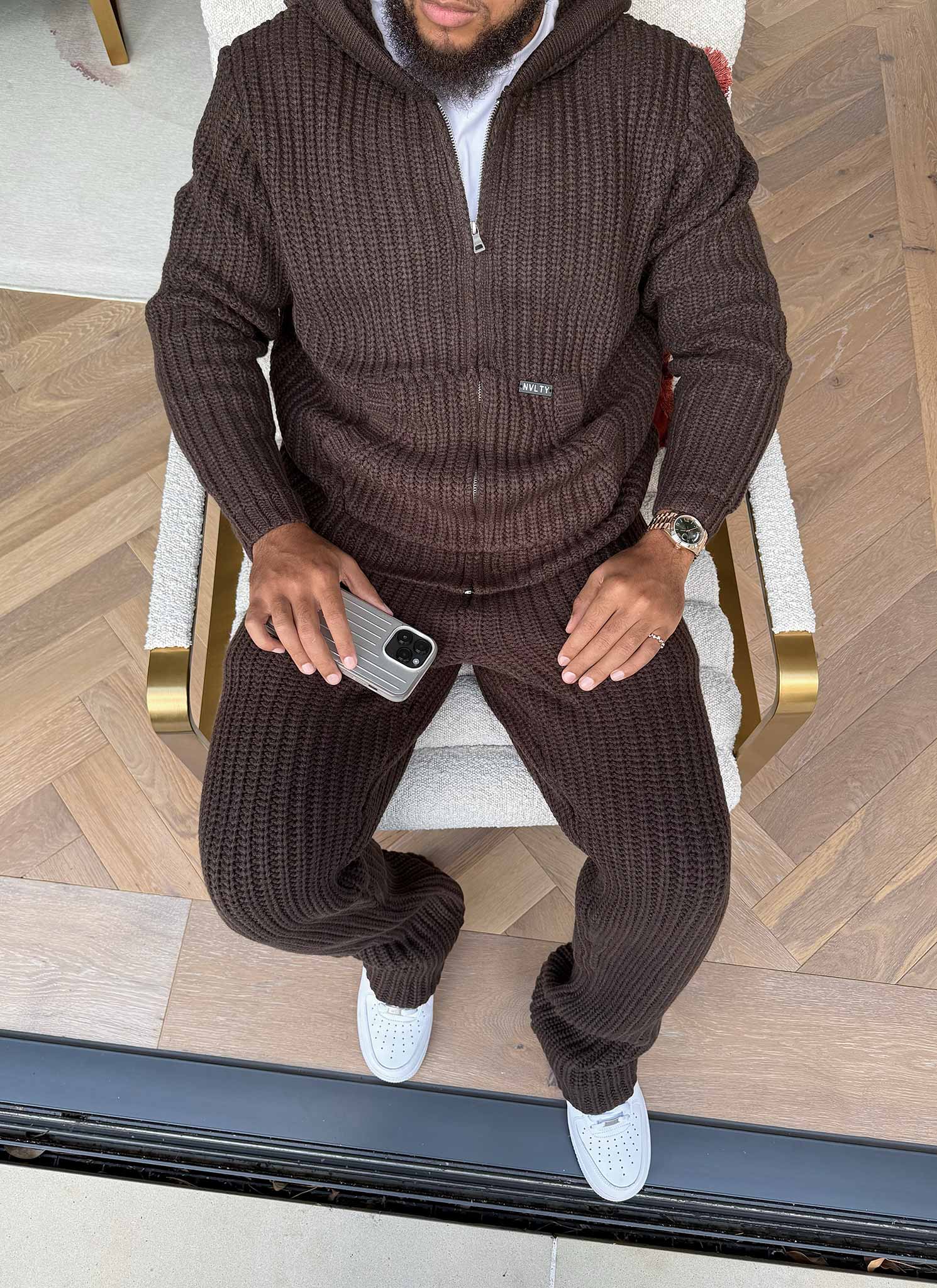 Heavyweight Knitted Zip Hoodie - Brown