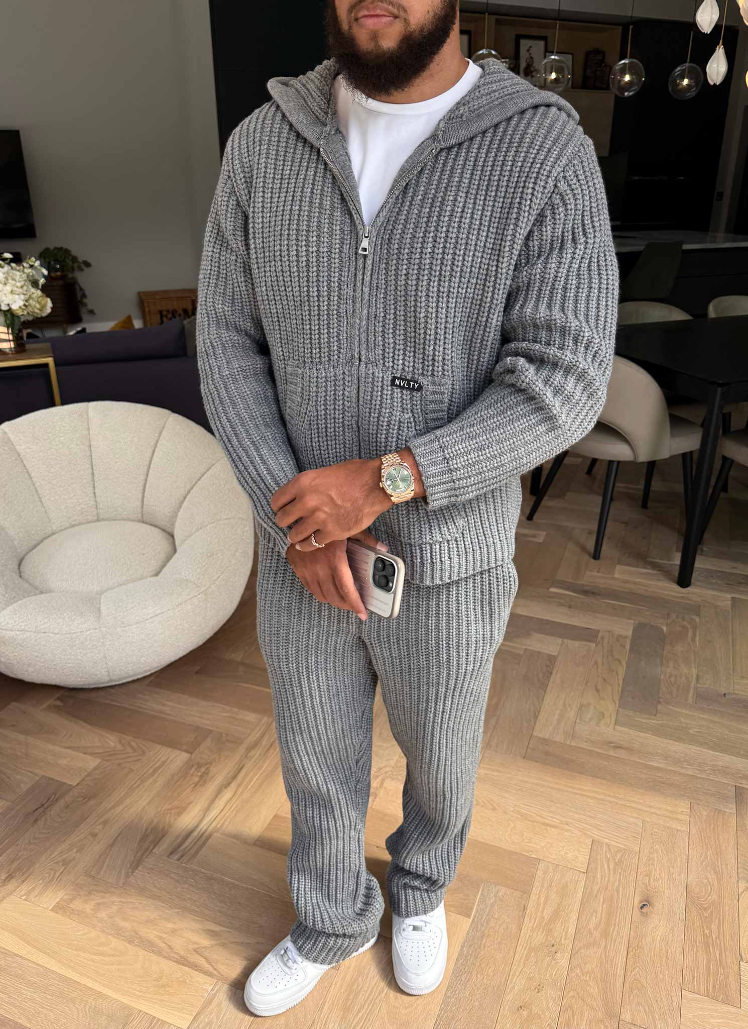 Heavyweight Knitted Zip Hoodie - Grey