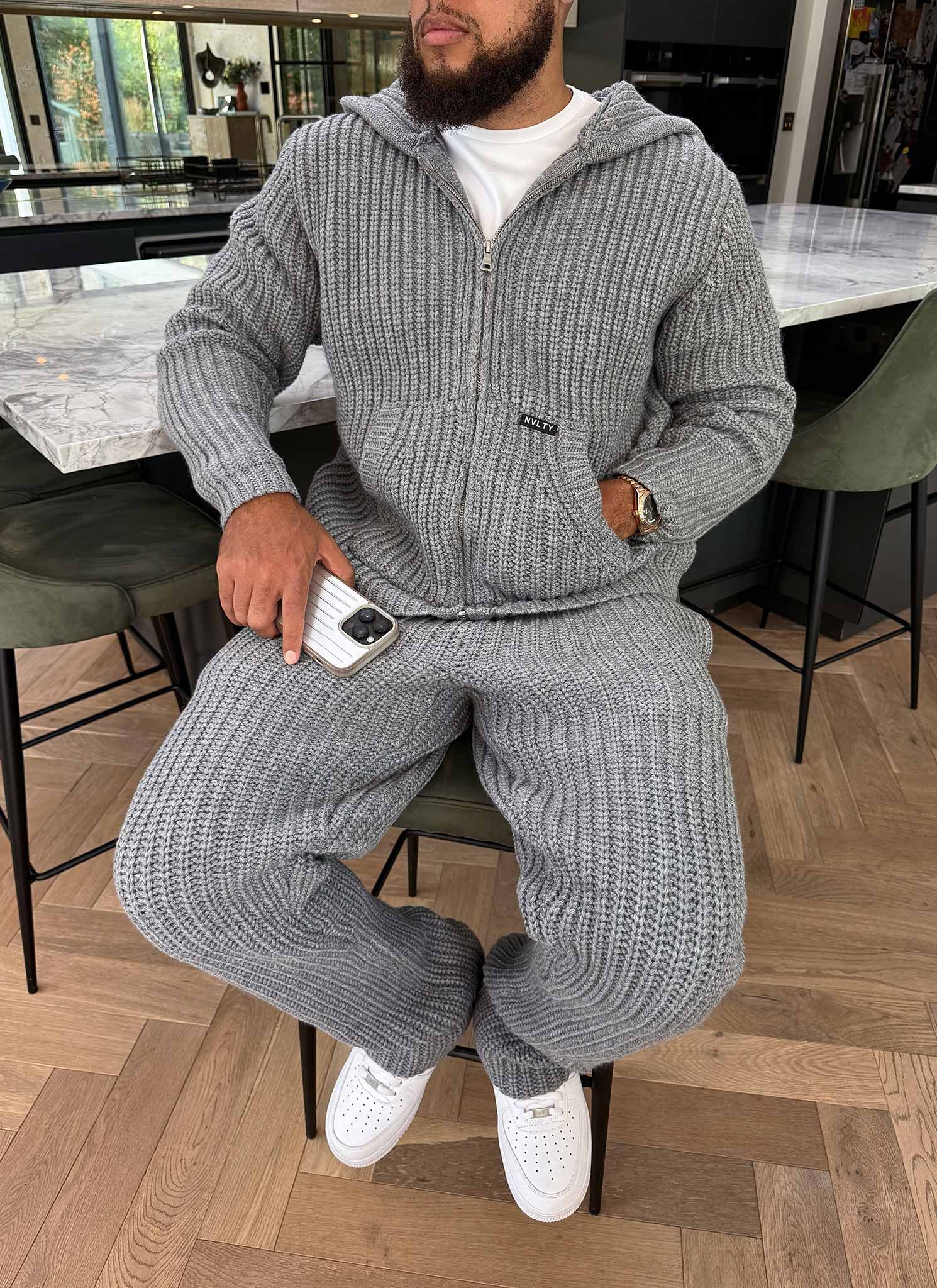 Heavyweight Knitted Zip Hoodie - Grey