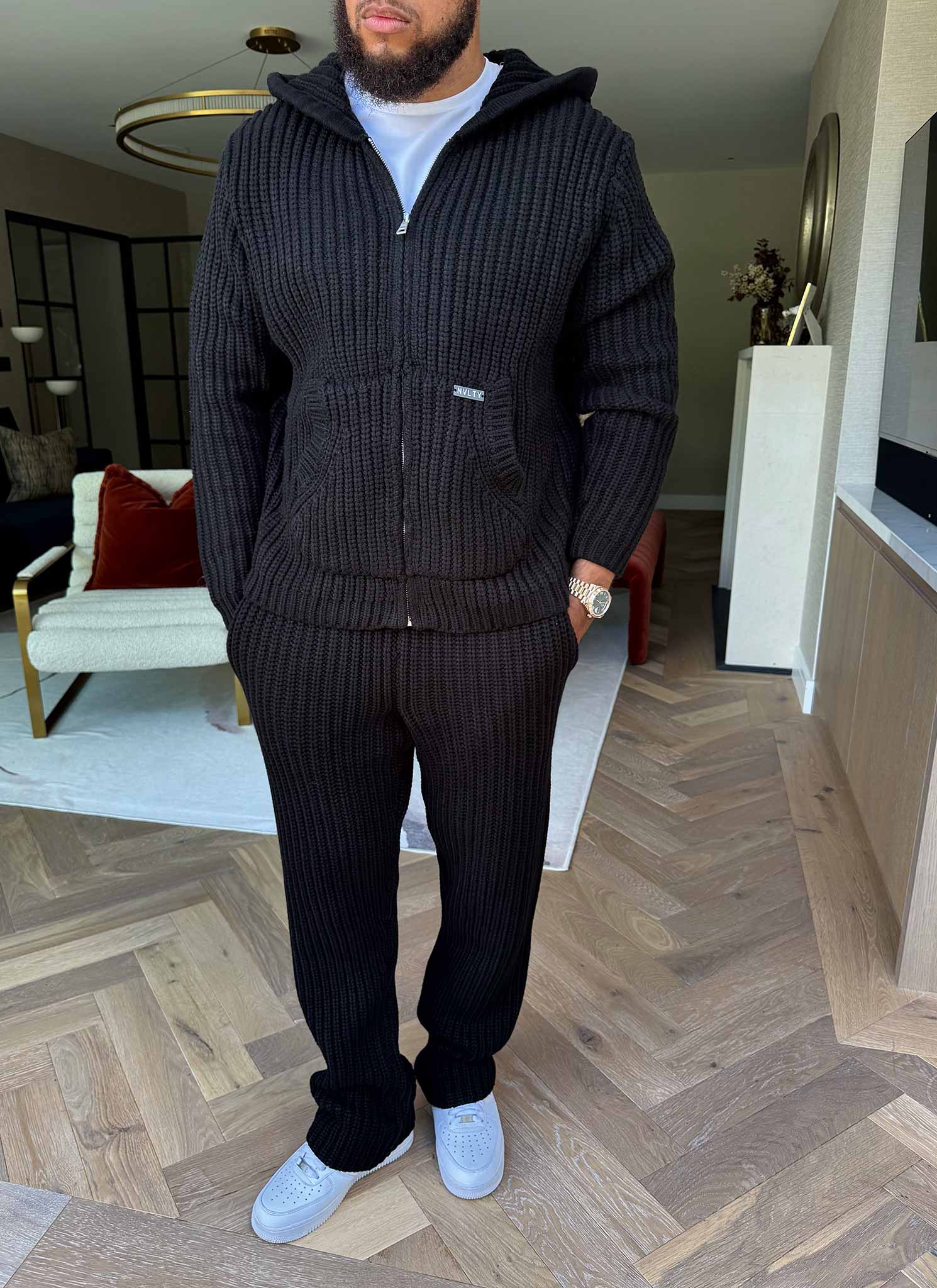 Heavyweight Knitted Zip Hoodie - Black