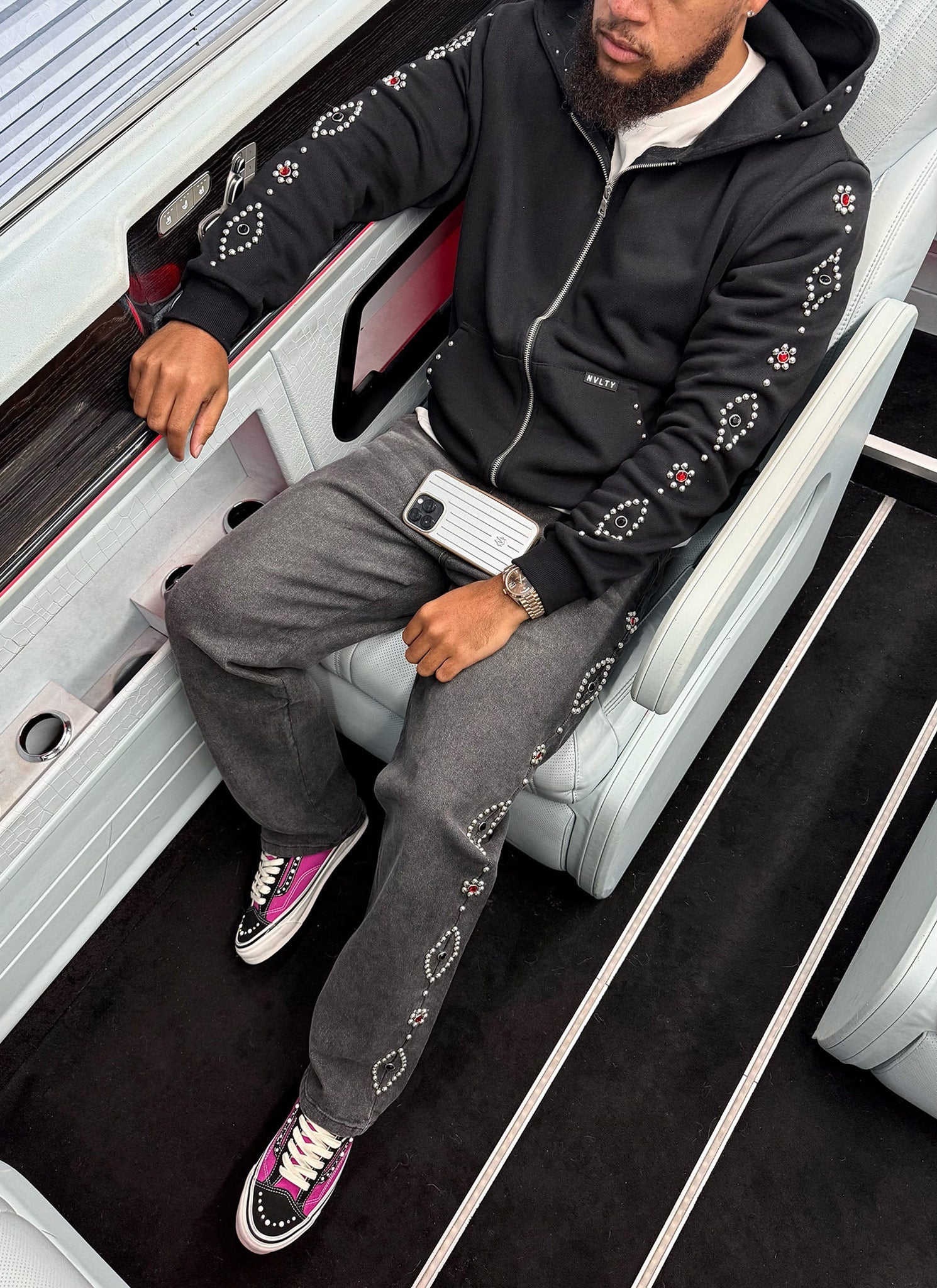 Vintage Studded Zip Hoodie - Black