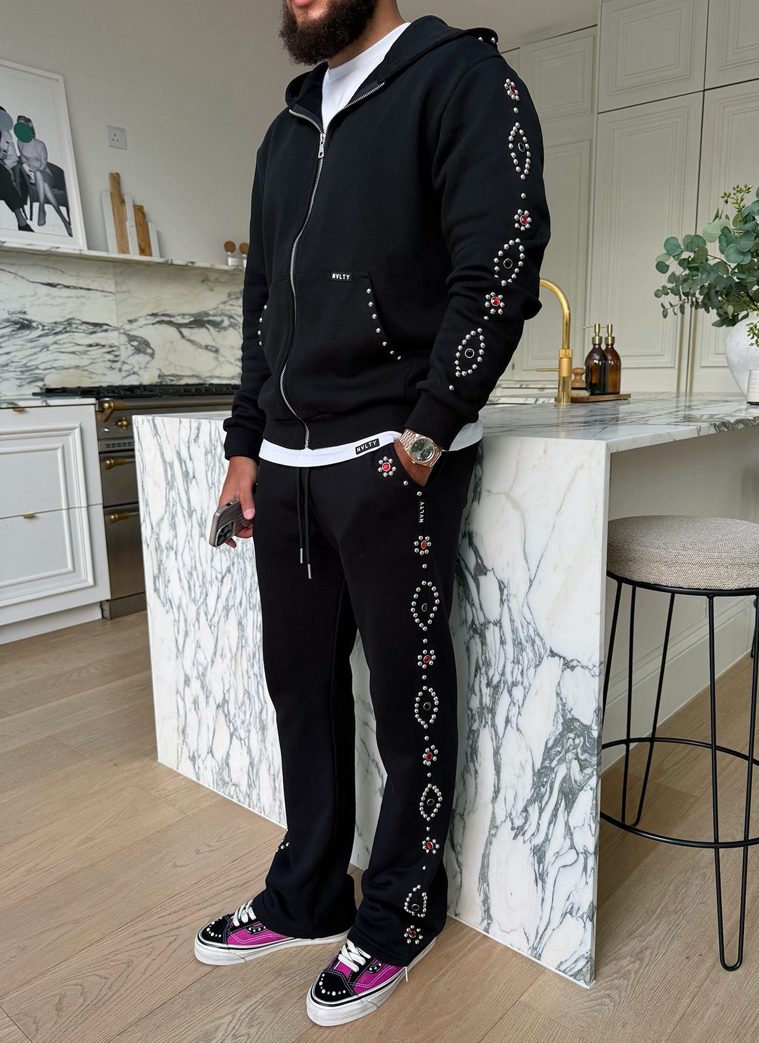 Vintage Studded Zip Hoodie - Black