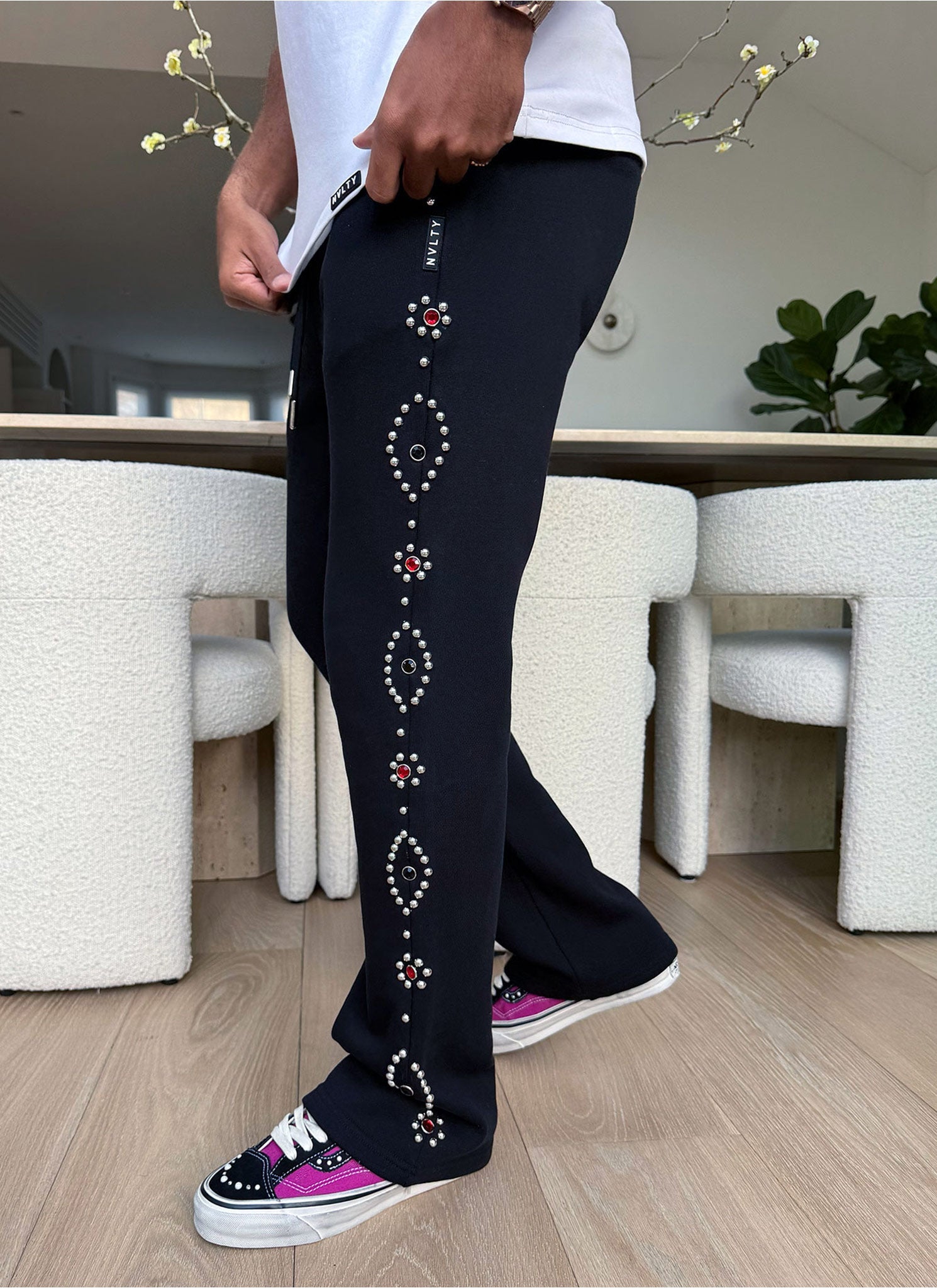 Vintage Studded Flare Joggers - Black