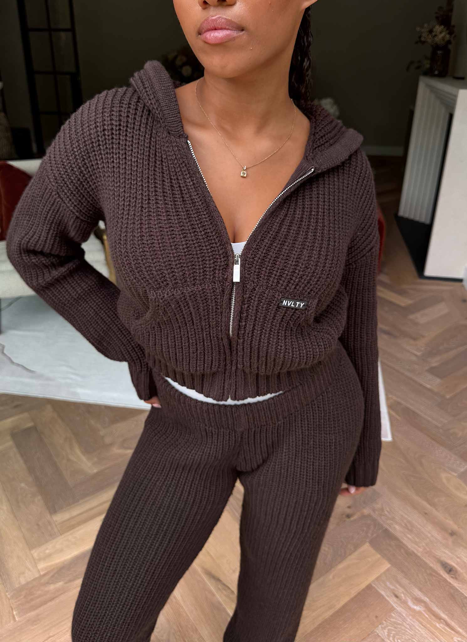 Heavyweight Knitted Zip Hoodie - Brown