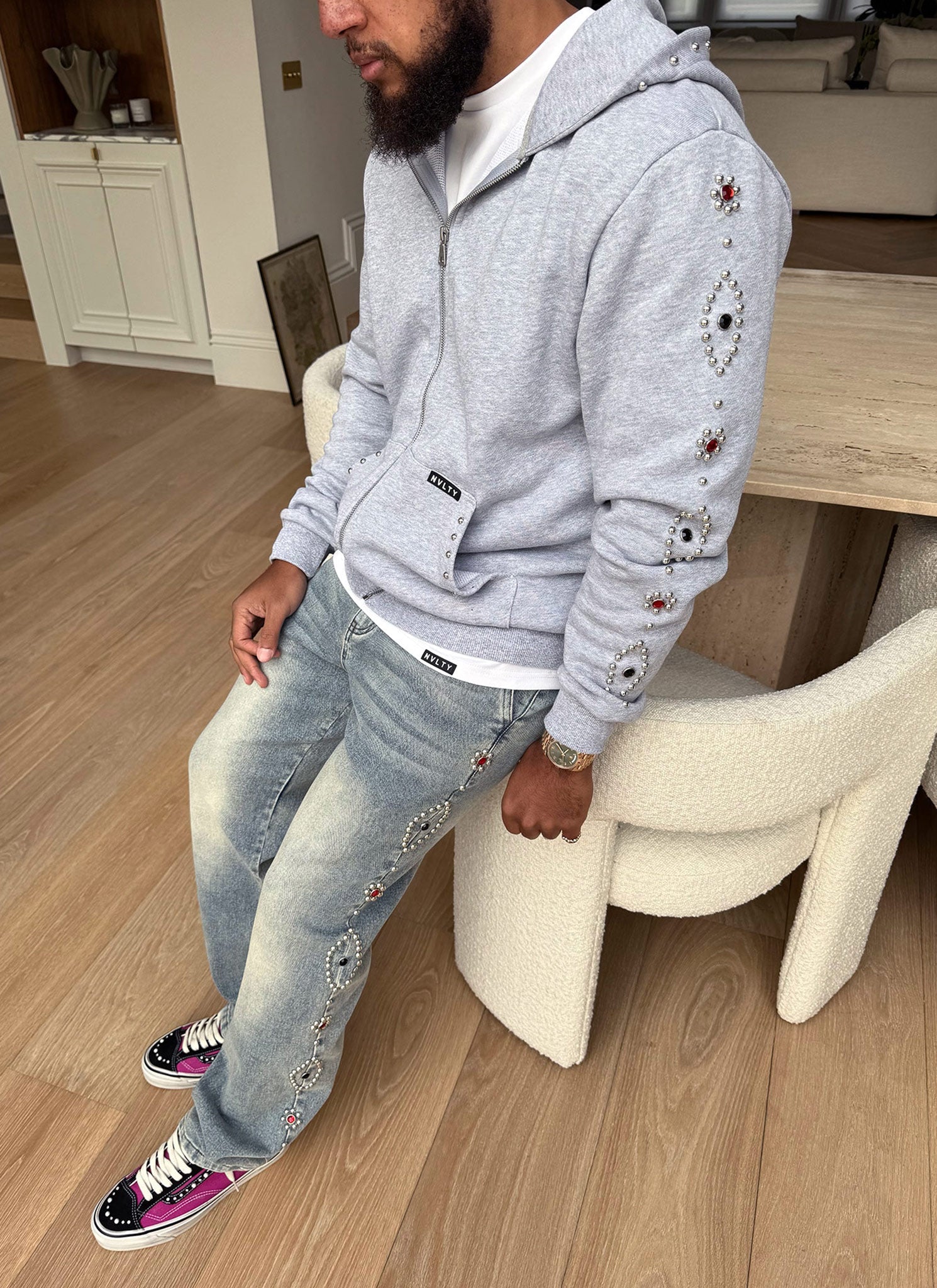 Vintage Studded Zip Hoodie - Grey