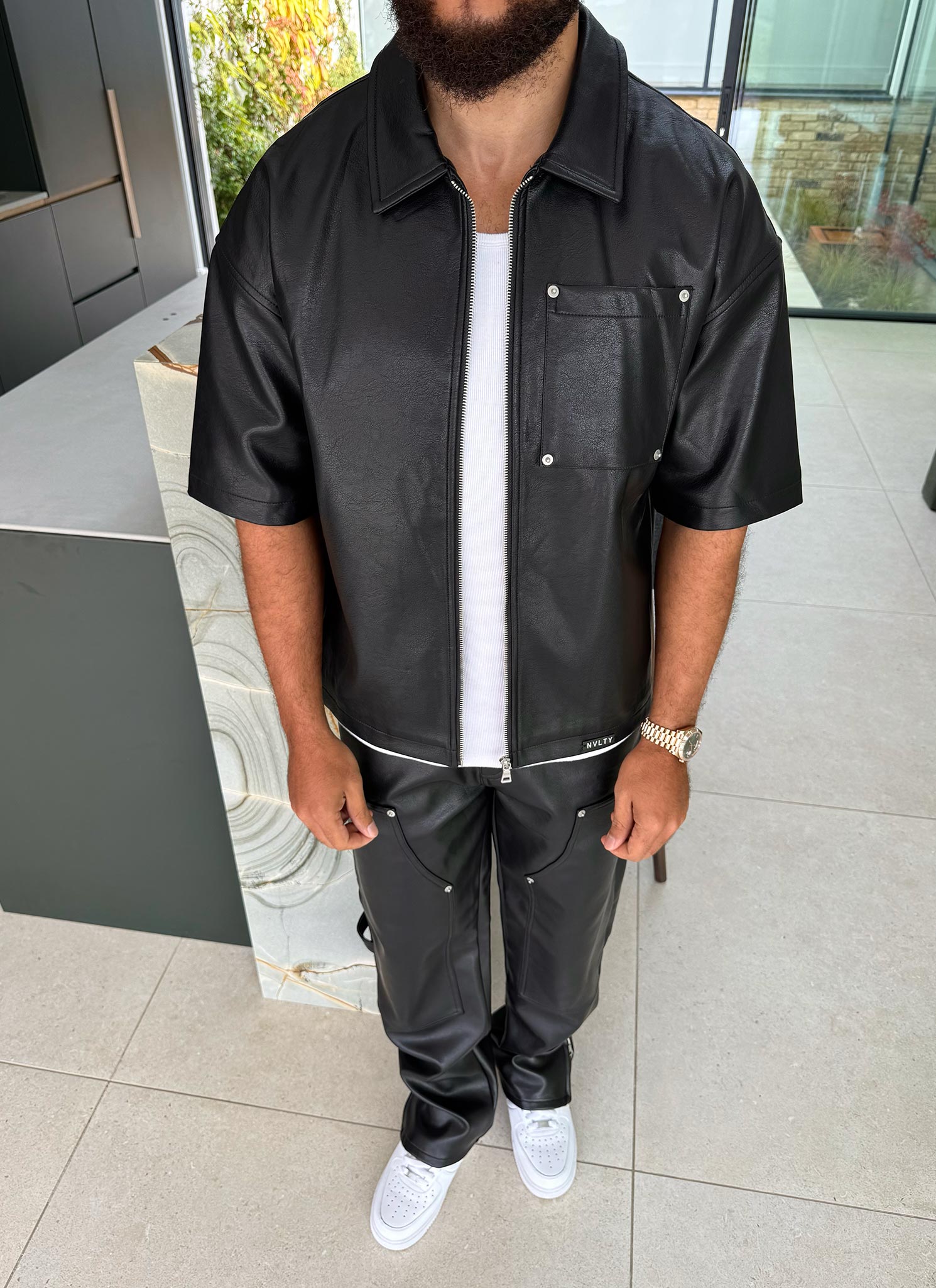 Leather Carpenter Rivet Pants - Black