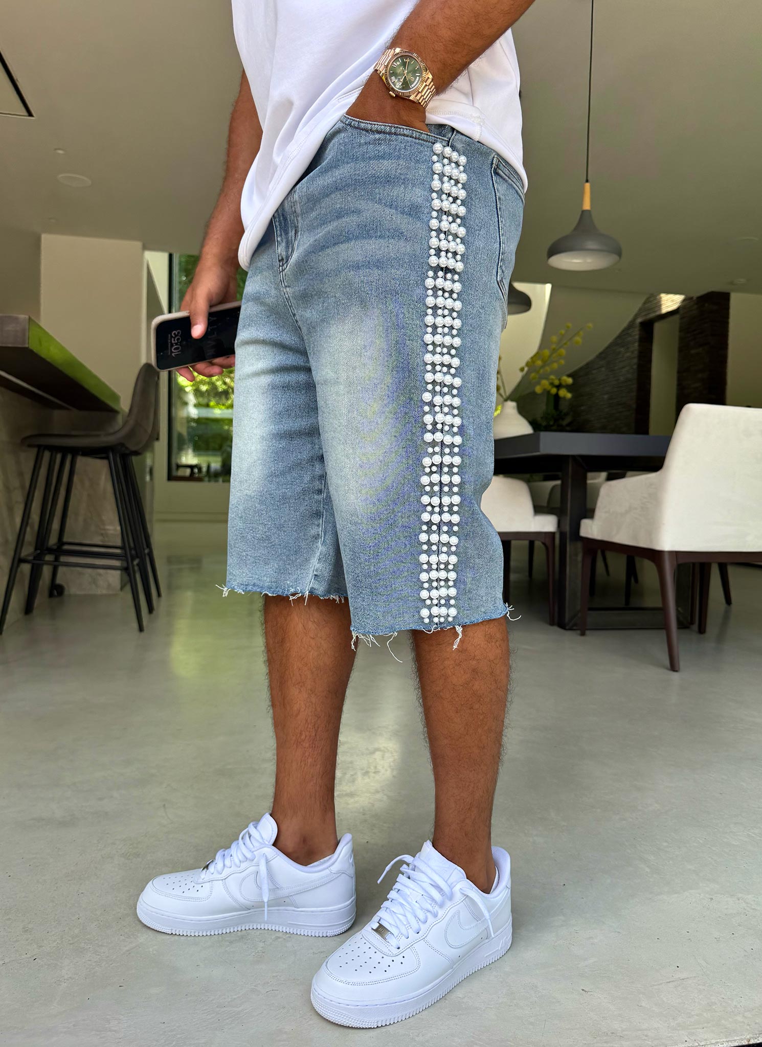 Vintage Pearl Denim Shorts - Blue