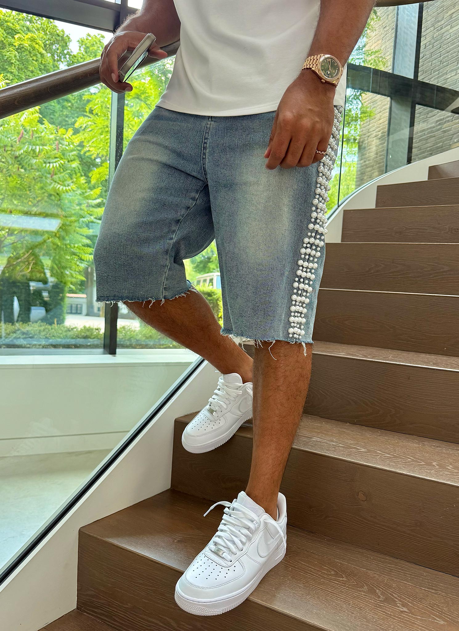 Vintage Pearl Denim Shorts - Blue