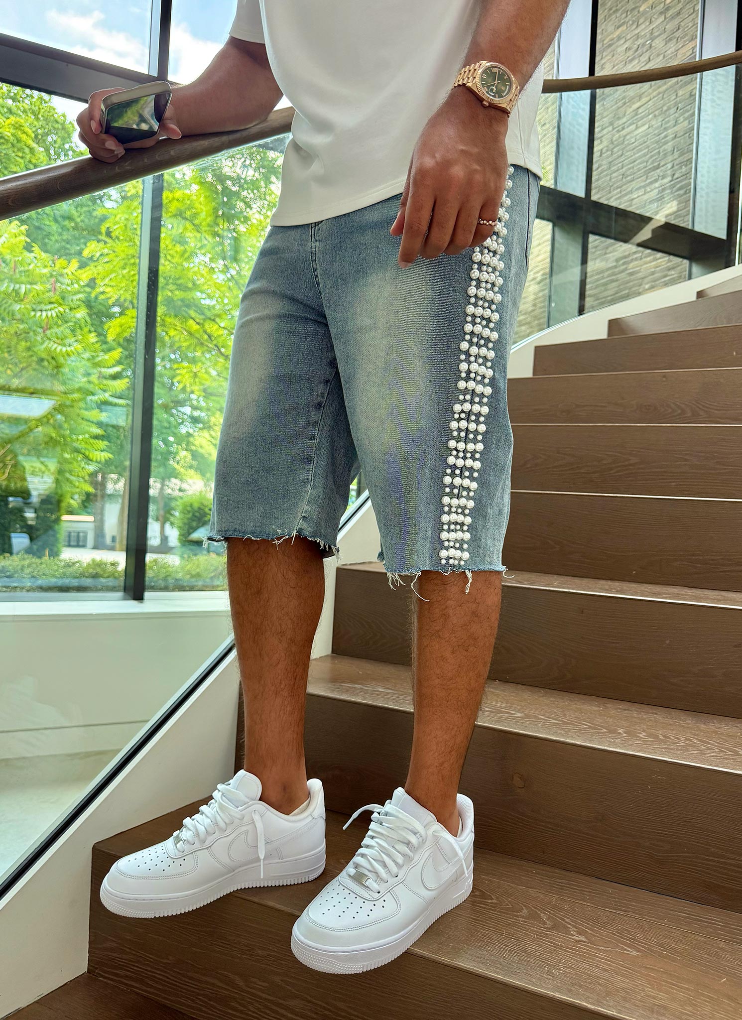 Vintage Pearl Denim Shorts - Blue