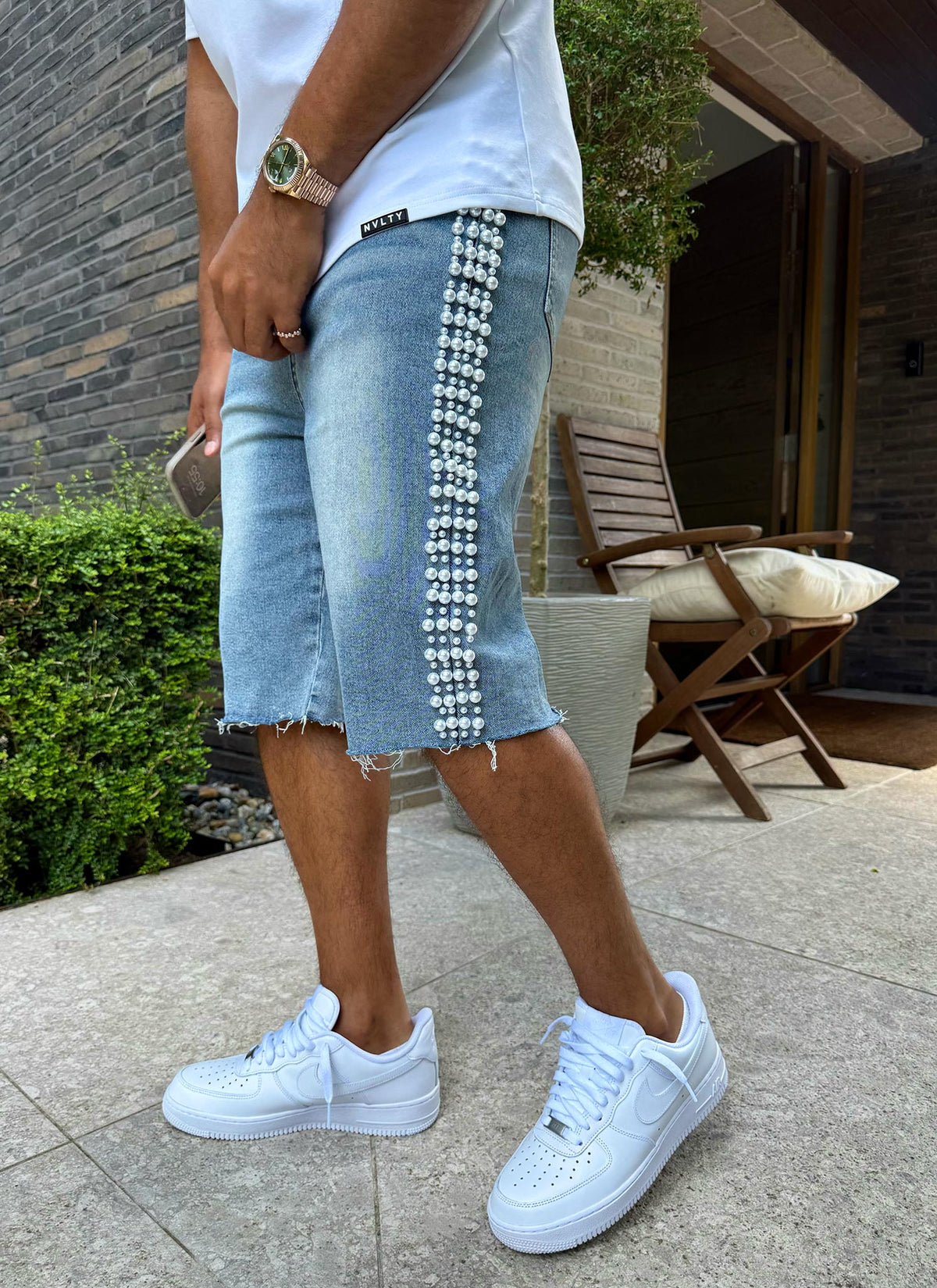 Vintage Pearl Denim Shorts - Blue