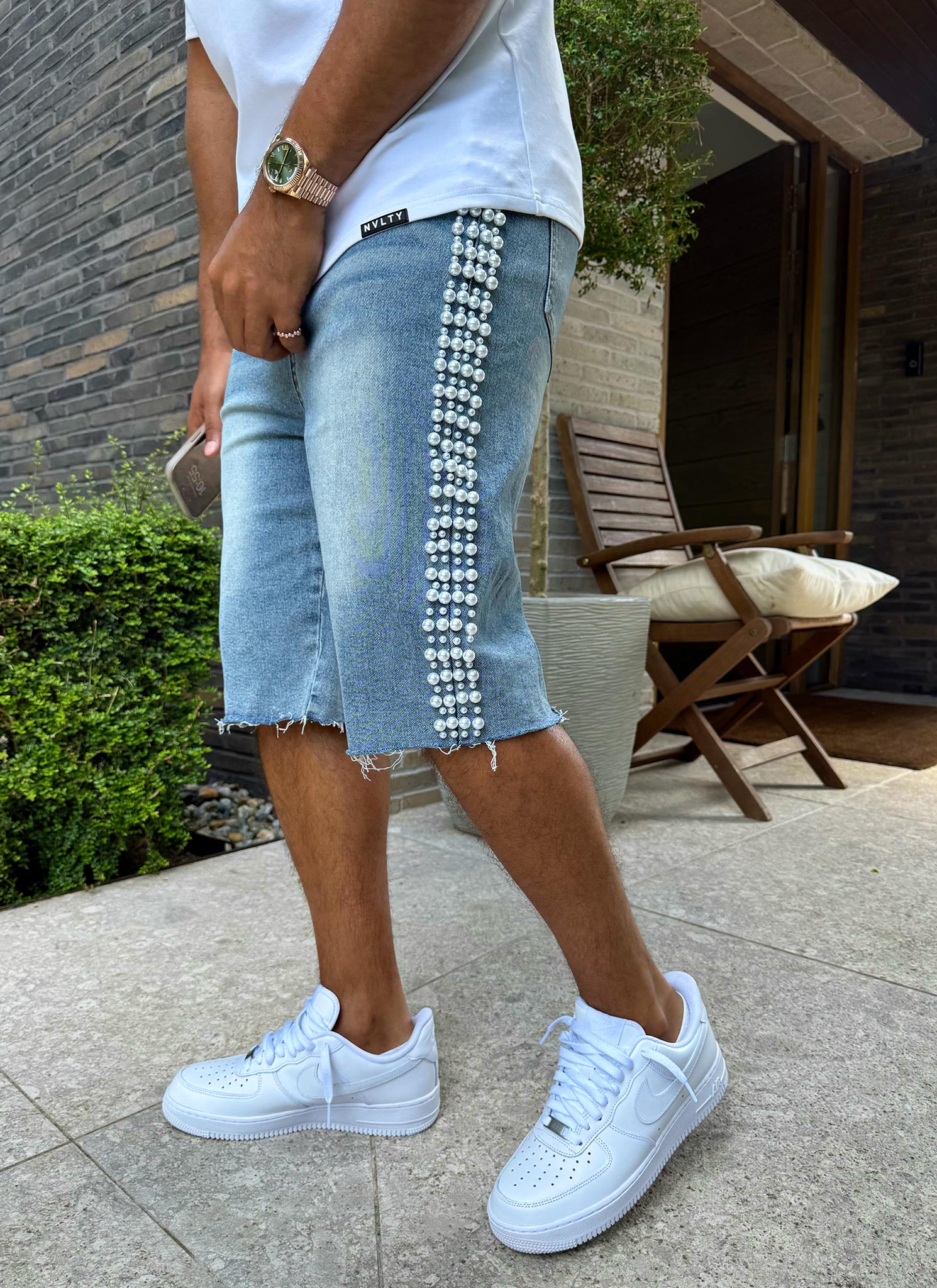 Vintage Pearl Denim Shorts - Blue