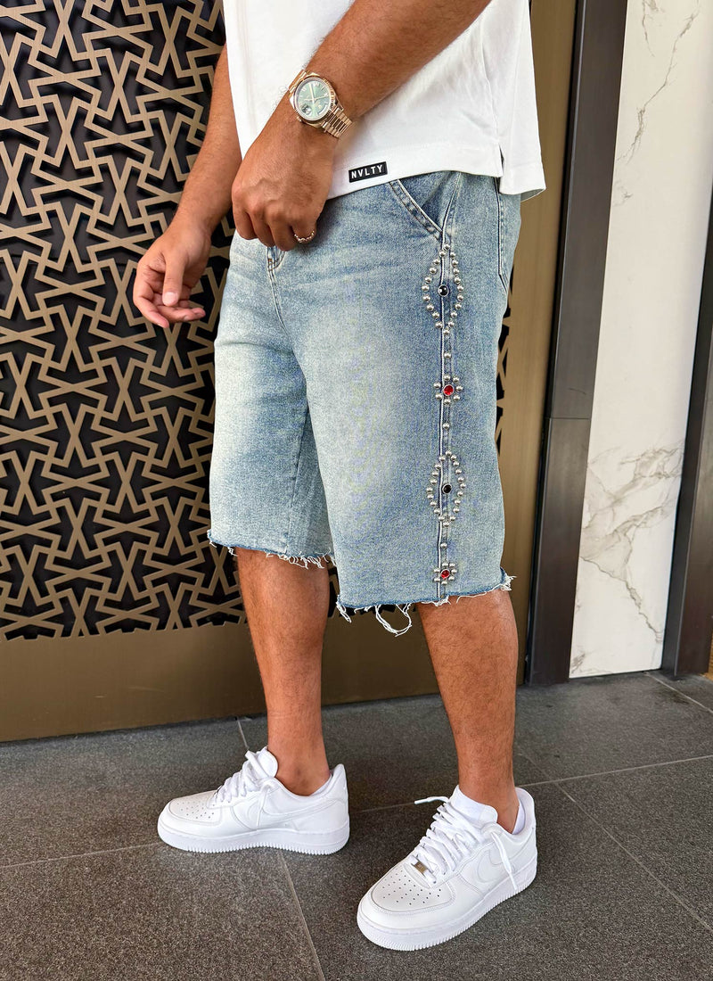 Short en jean vintage clouté - Bleu