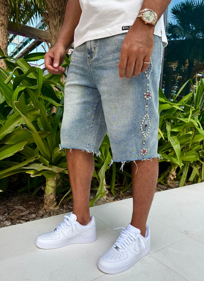 Short en jean vintage clouté - Bleu