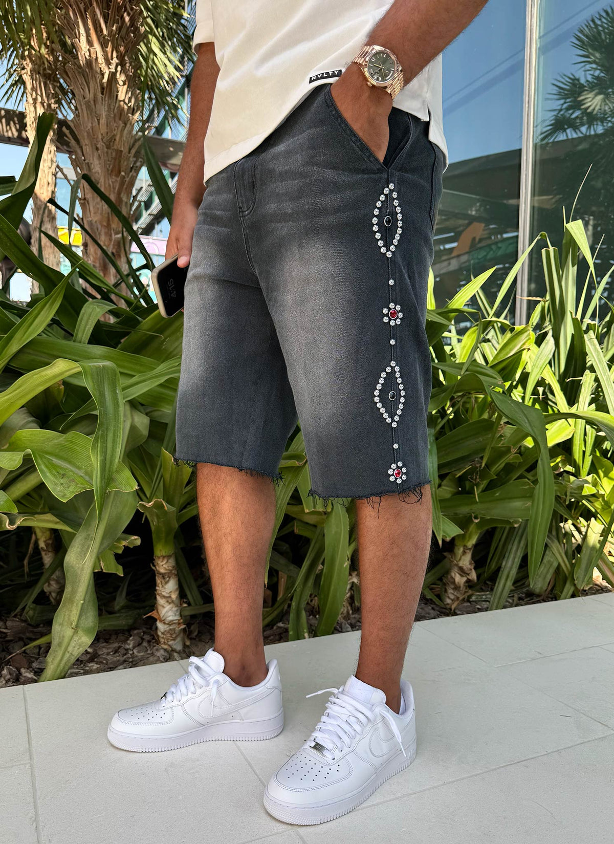 Short en jean vintage clouté - Noir