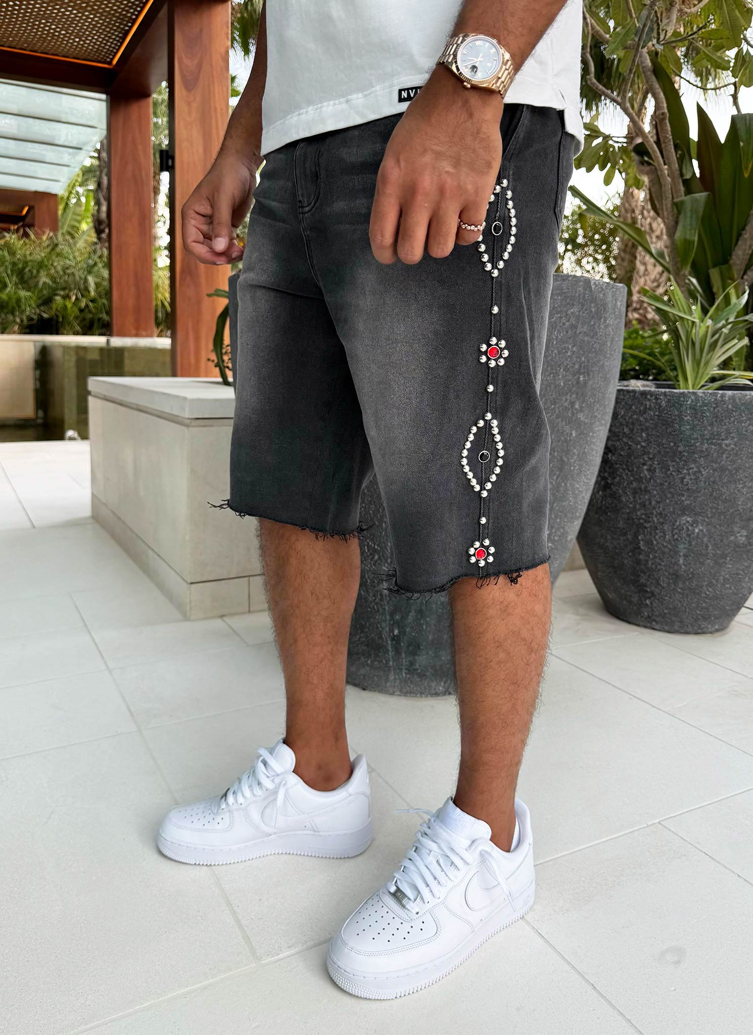 Vintage Studded Denim Shorts - Black