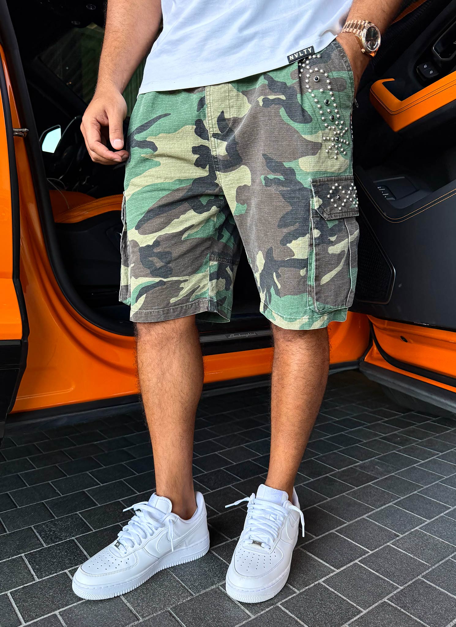 Vintage Studded Cargo Shorts - Camo