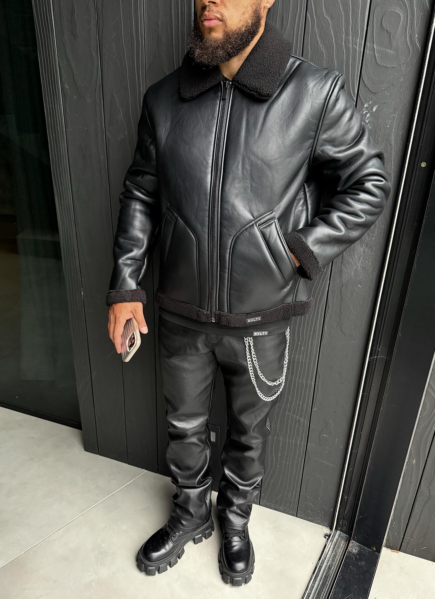 Leather Shearling Jacket - Black