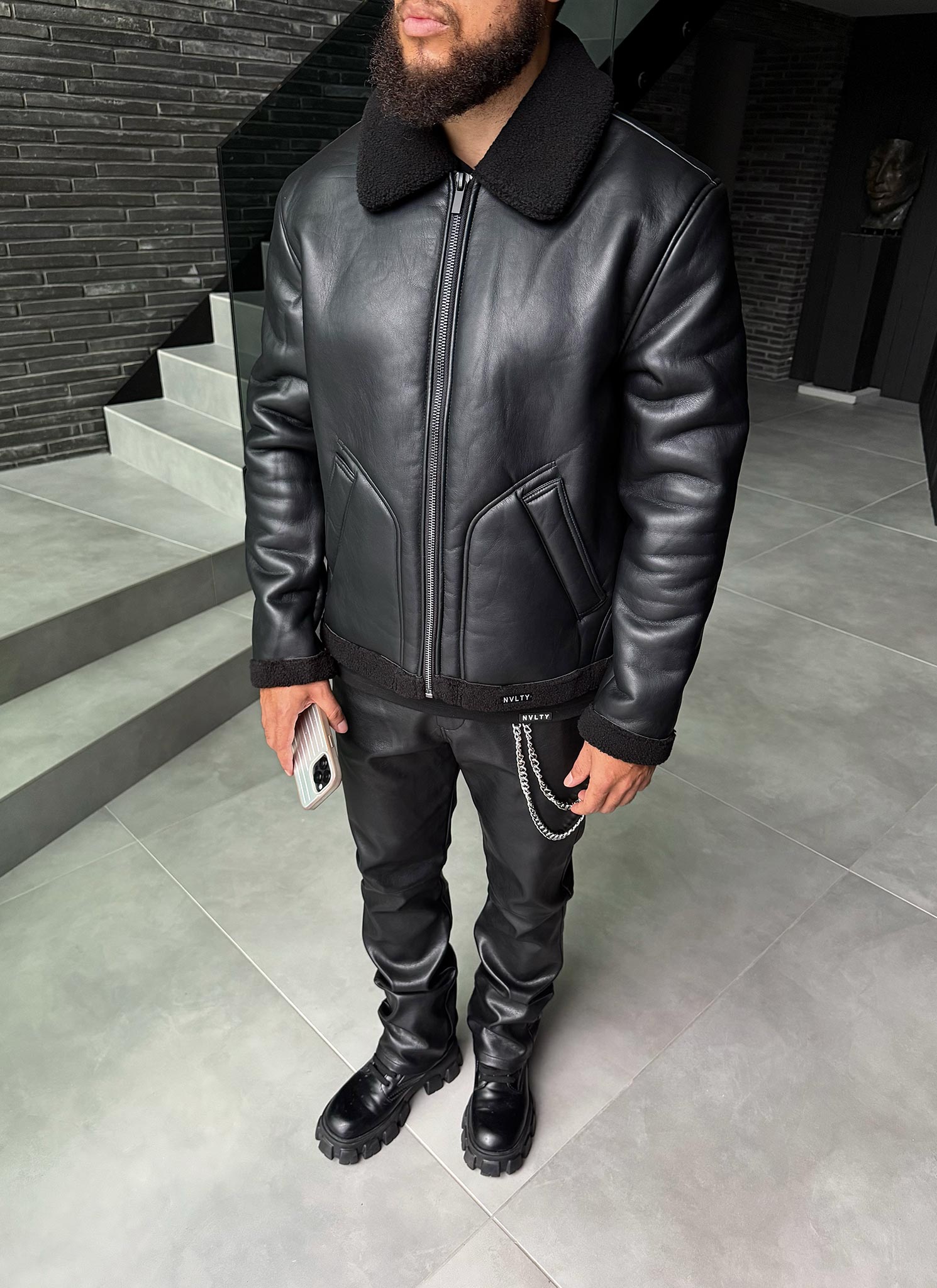 Leather Shearling Jacket - Black