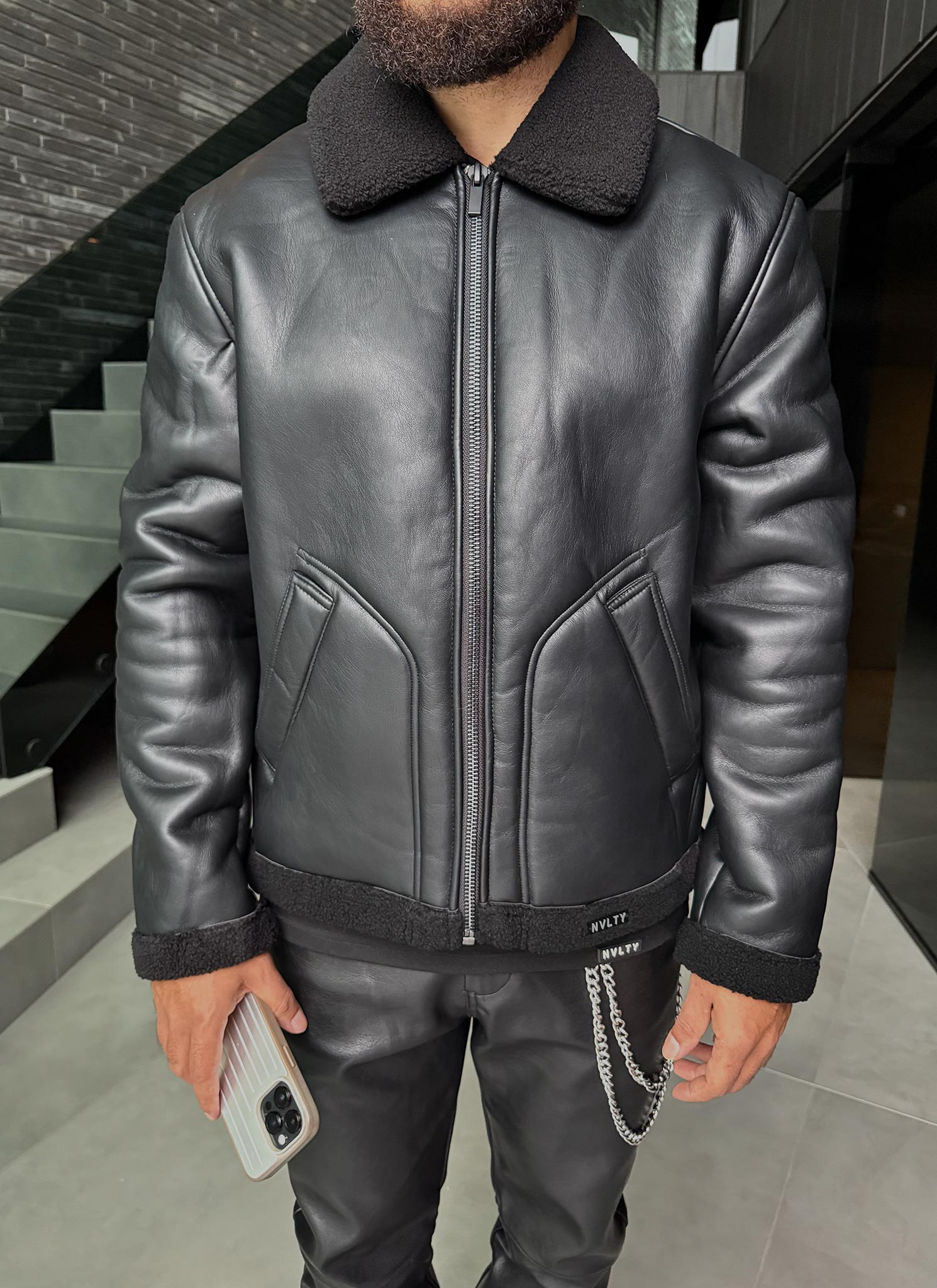 Leather Shearling Jacket - Black