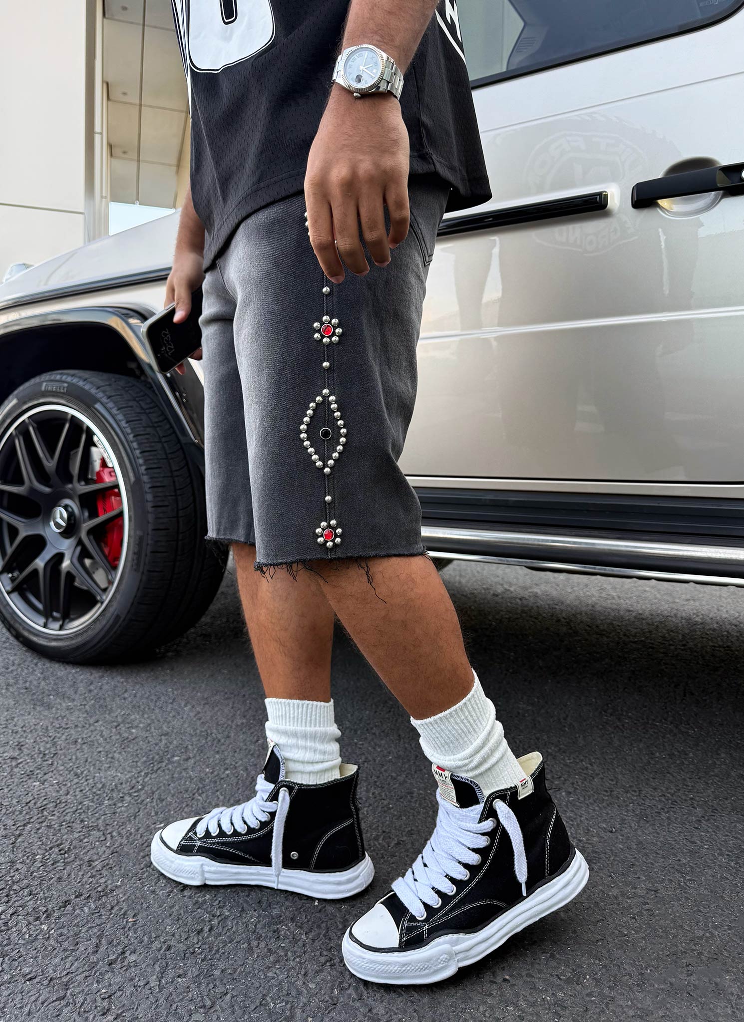 Vintage Studded Denim Shorts - Black