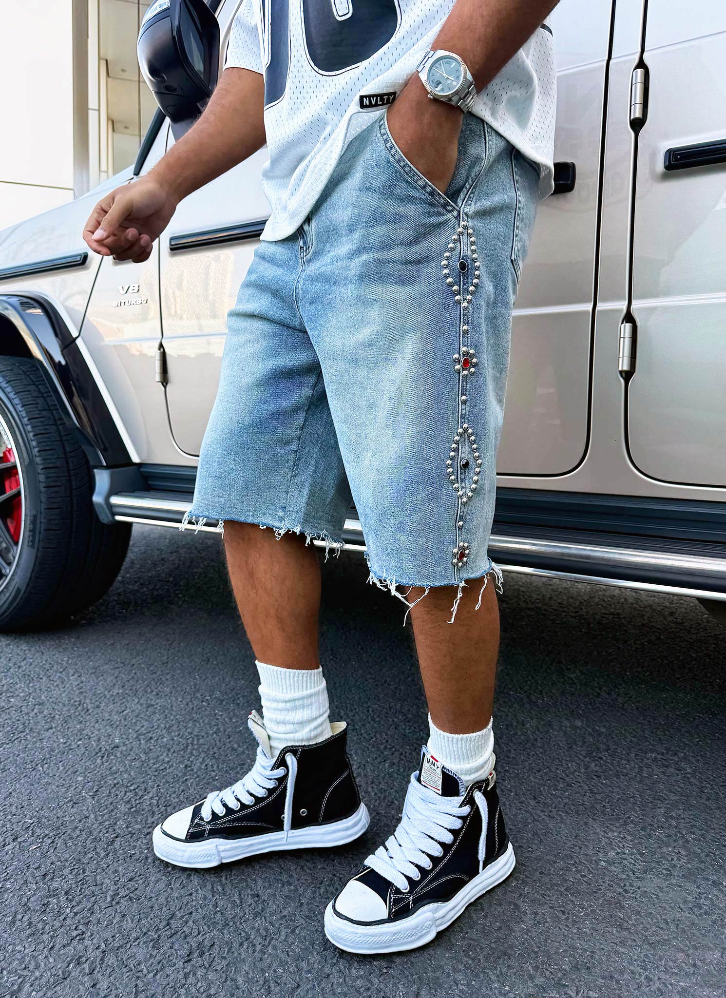 Vintage Studded Denim Shorts - Blue