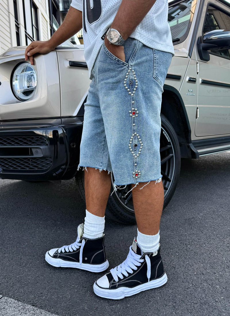 Short en jean vintage clouté - Bleu