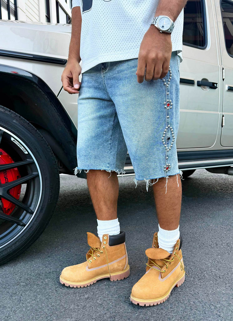 Short en jean vintage clouté - Bleu