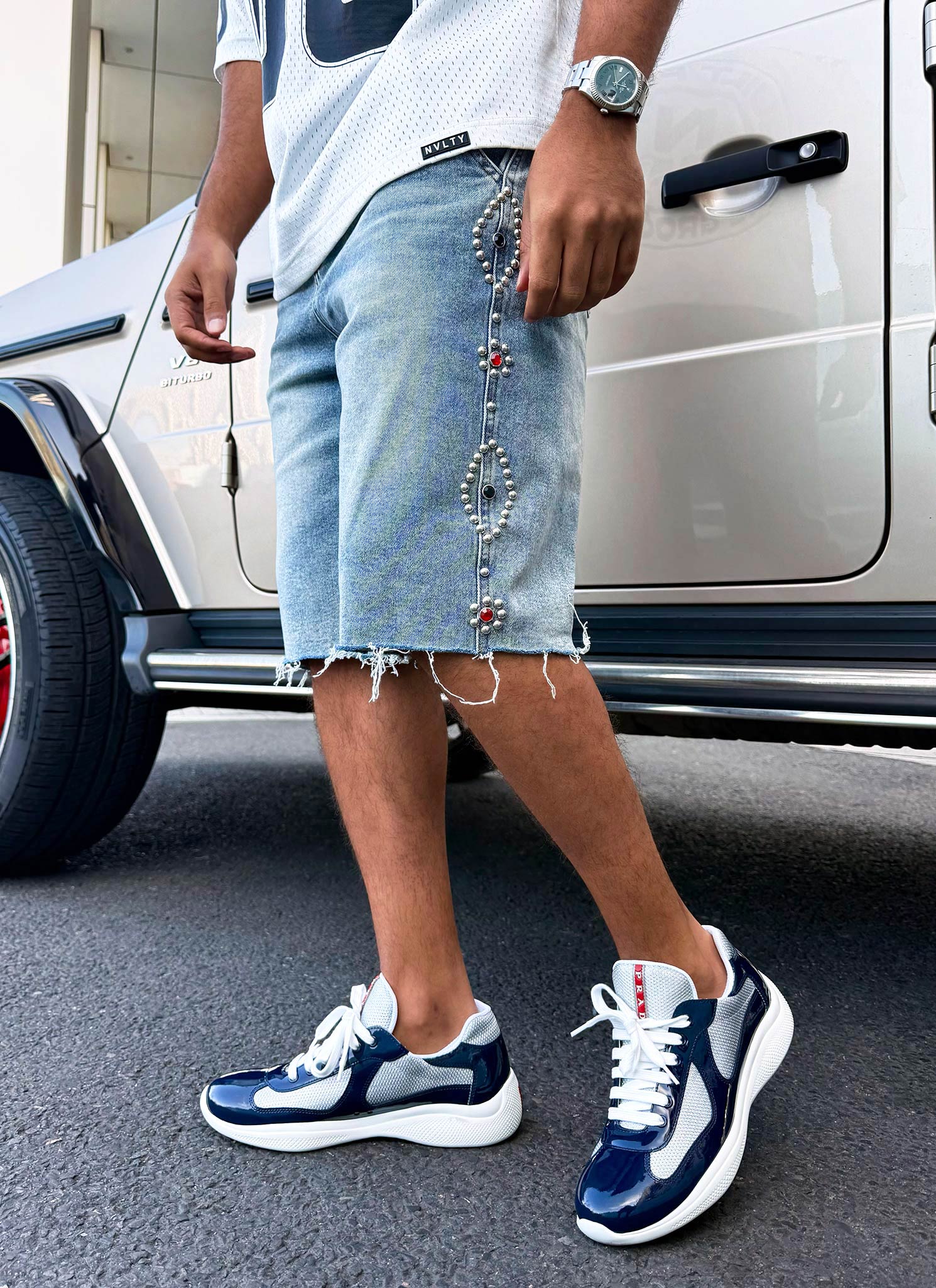 Vintage Studded Denim Shorts - Blue
